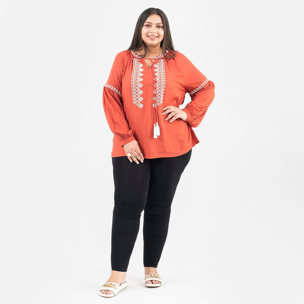 Tamsy 100% Viscose Embroidery Top with Doori Tassel Full Sleeves (Size XL,20-22) - Paprika