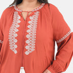 Tamsy 100% Viscose Embroidery Top with Doori Tassel Full Sleeves (Size XL,20-22) - Paprika