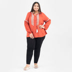 Tamsy 100% Viscose Embroidery Top with Doori Tassel Full Sleeves (Size XXL,24-26) - Paprika