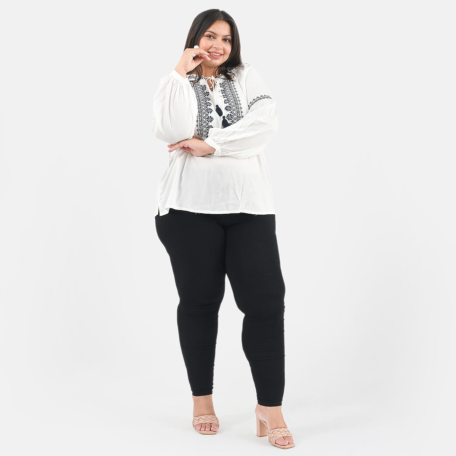Tamsy 100% Viscose Embroidery Top with Doori Tassel Full Sleeves(Size S,8-10) - White