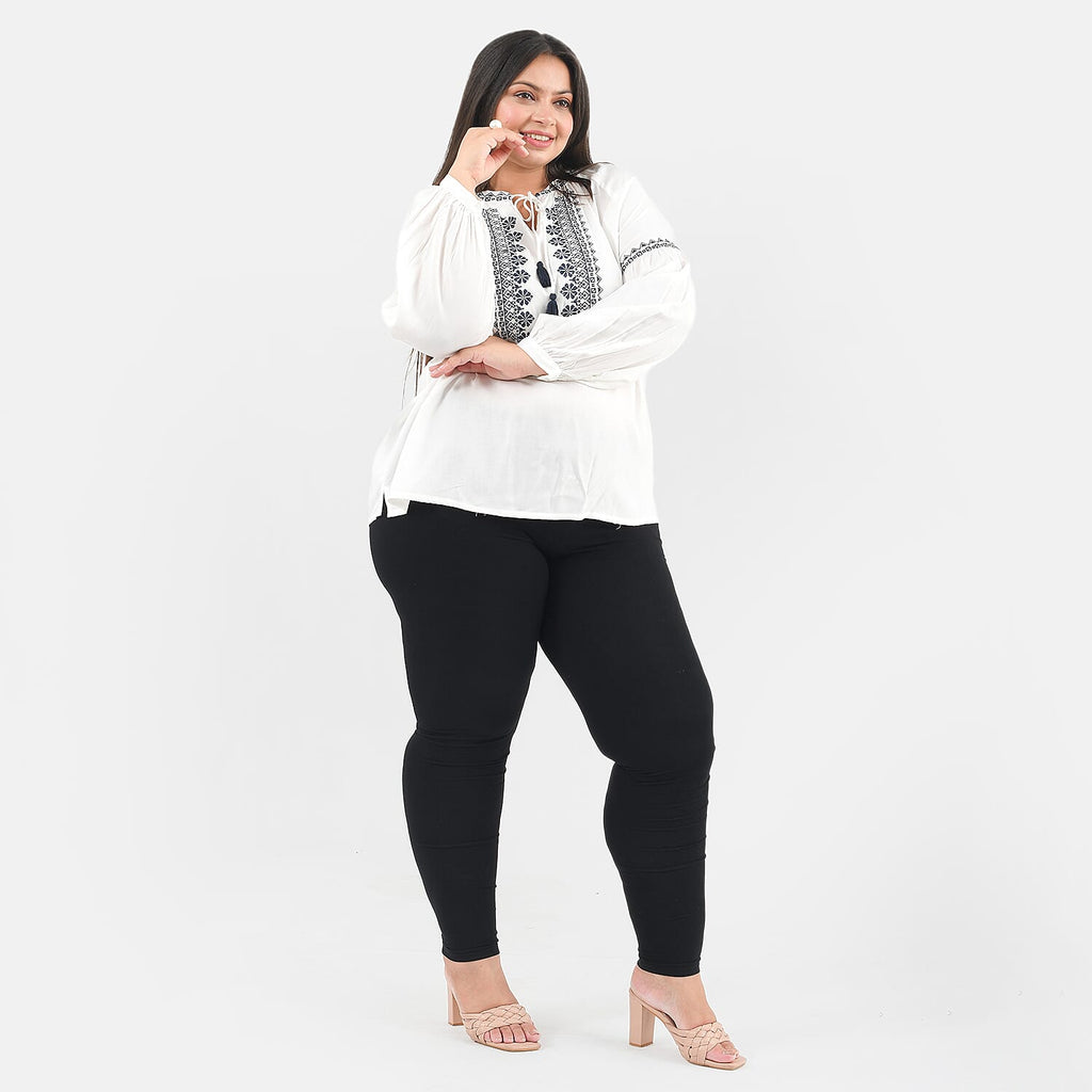 Tamsy 100% Viscose Embroidery Top with Doori Tassel Full Sleeves(Size S,8-10) - White