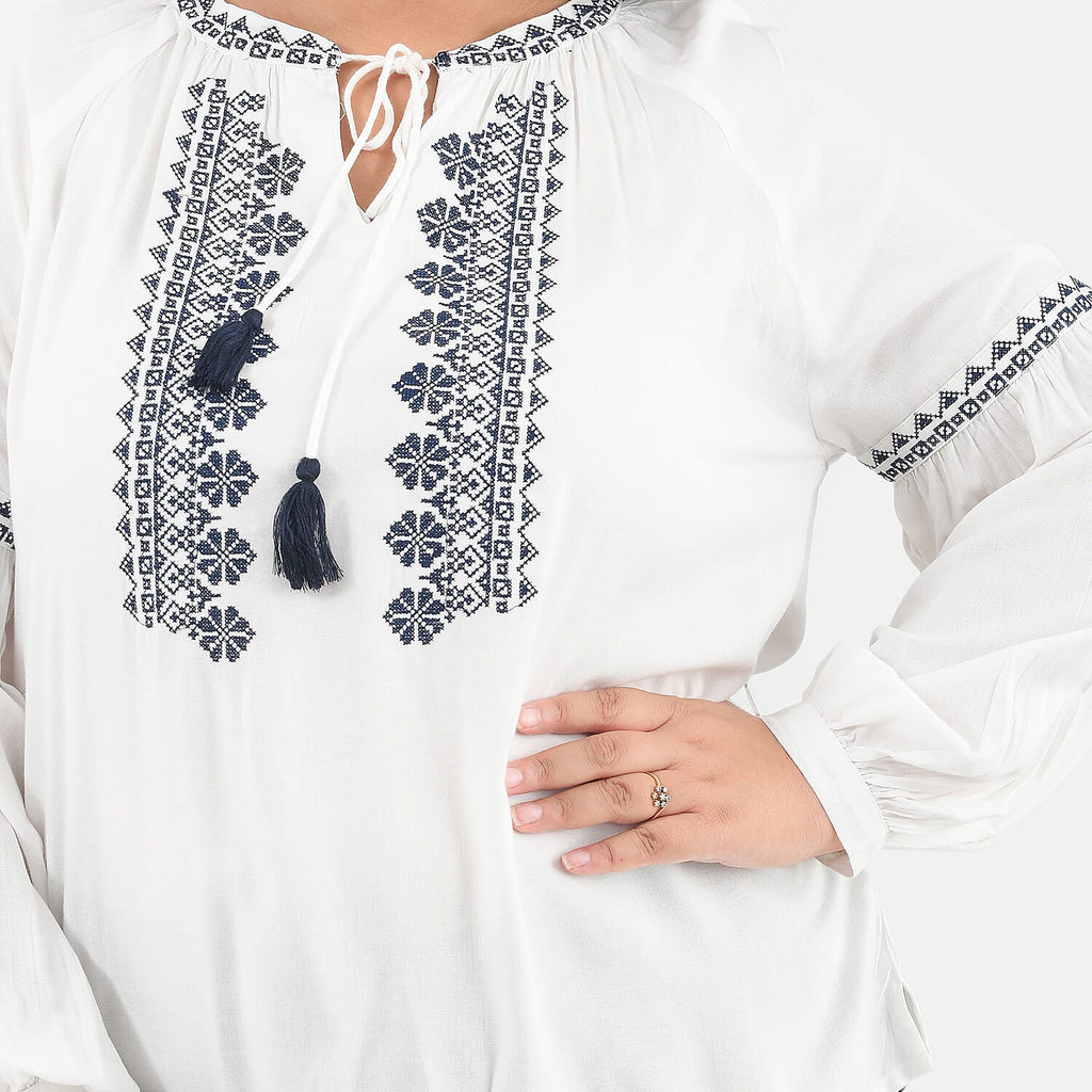 Tamsy 100% Viscose Embroidery Top with Doori Tassel Full Sleeves(Size S,8-10) - White
