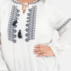 Tamsy 100% Viscose Embroidery Top with Doori Tassel Full Sleeves(Size S,8-10) - White