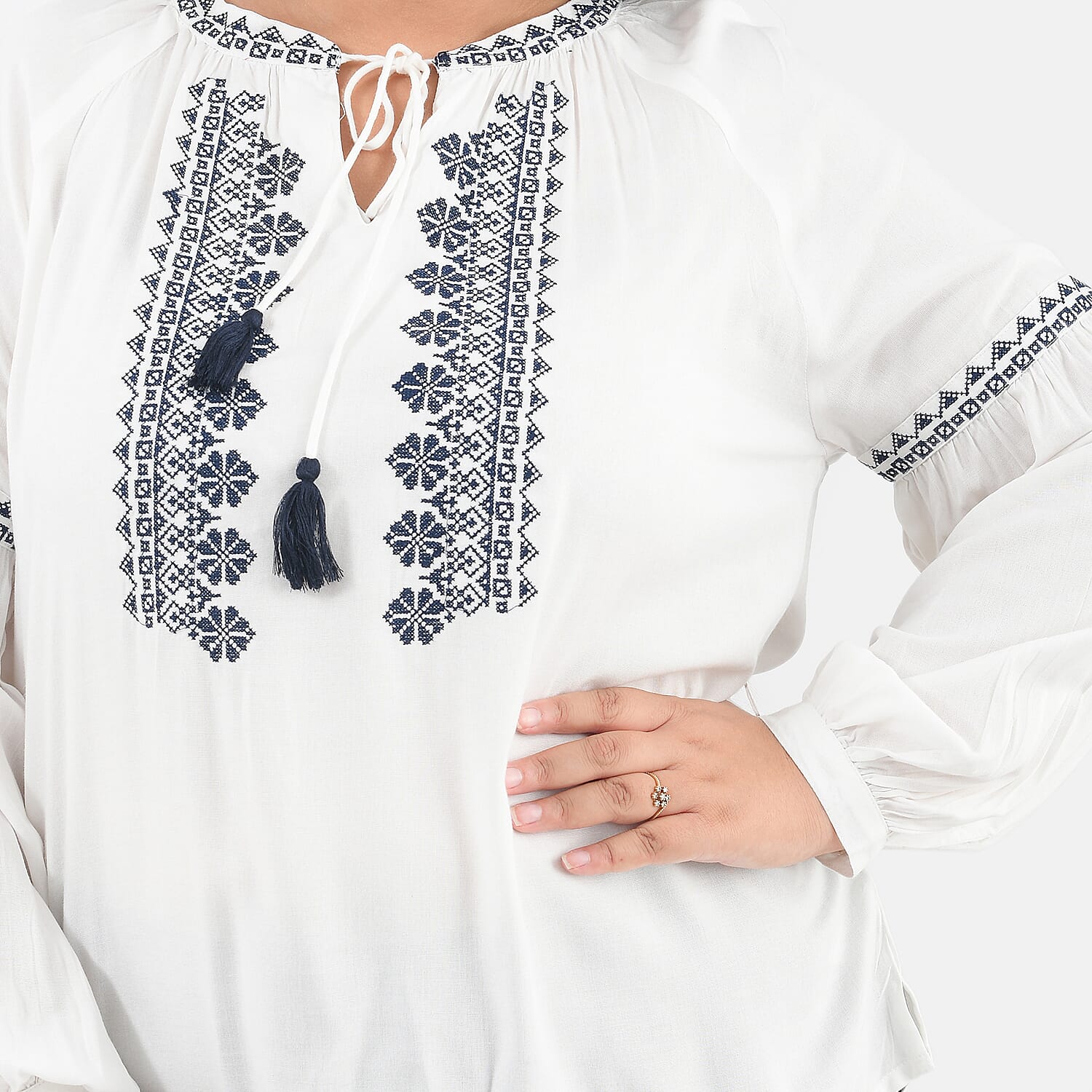 Tamsy 100% Viscose Embroidery Top with Doori Tassel Full Sleeves(Size S,8-10) - White