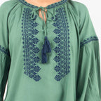 Tamsy 100% Viscose Embroidery Top with Doori Tassel Full Sleeves(Size XL,20-22) - Green