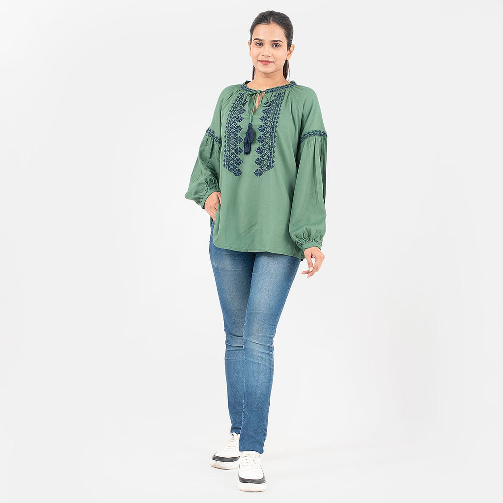 Tamsy 100% Viscose Embroidery Top with Doori Tassel Full Sleeves(Size XXL,24-26) - Green