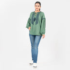 Tamsy 100% Viscose Embroidery Top with Doori Tassel Full Sleeves(Size XXL,24-26) - Green