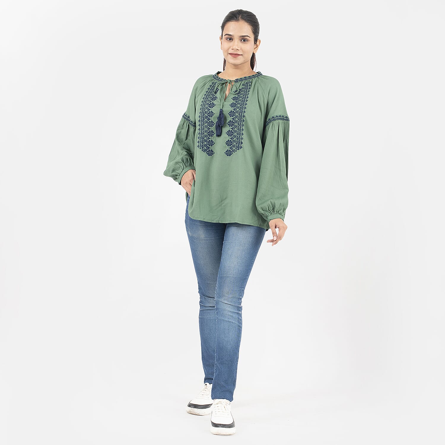 Tamsy 100% Viscose Embroidery Top with Doori Tassel Full Sleeves(Size XXL,24-26) - Green