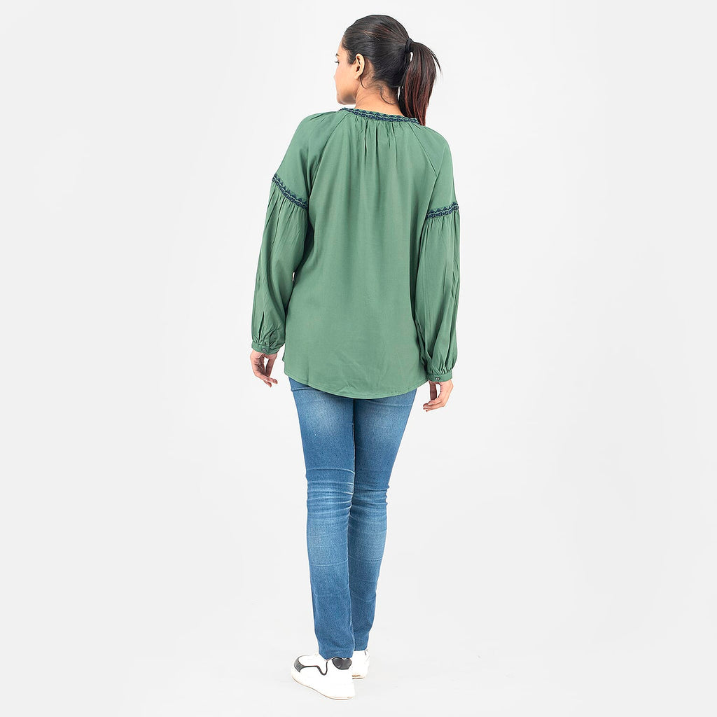 Tamsy 100% Viscose Embroidery Top with Doori Tassel Full Sleeves(Size XXL,24-26) - Green