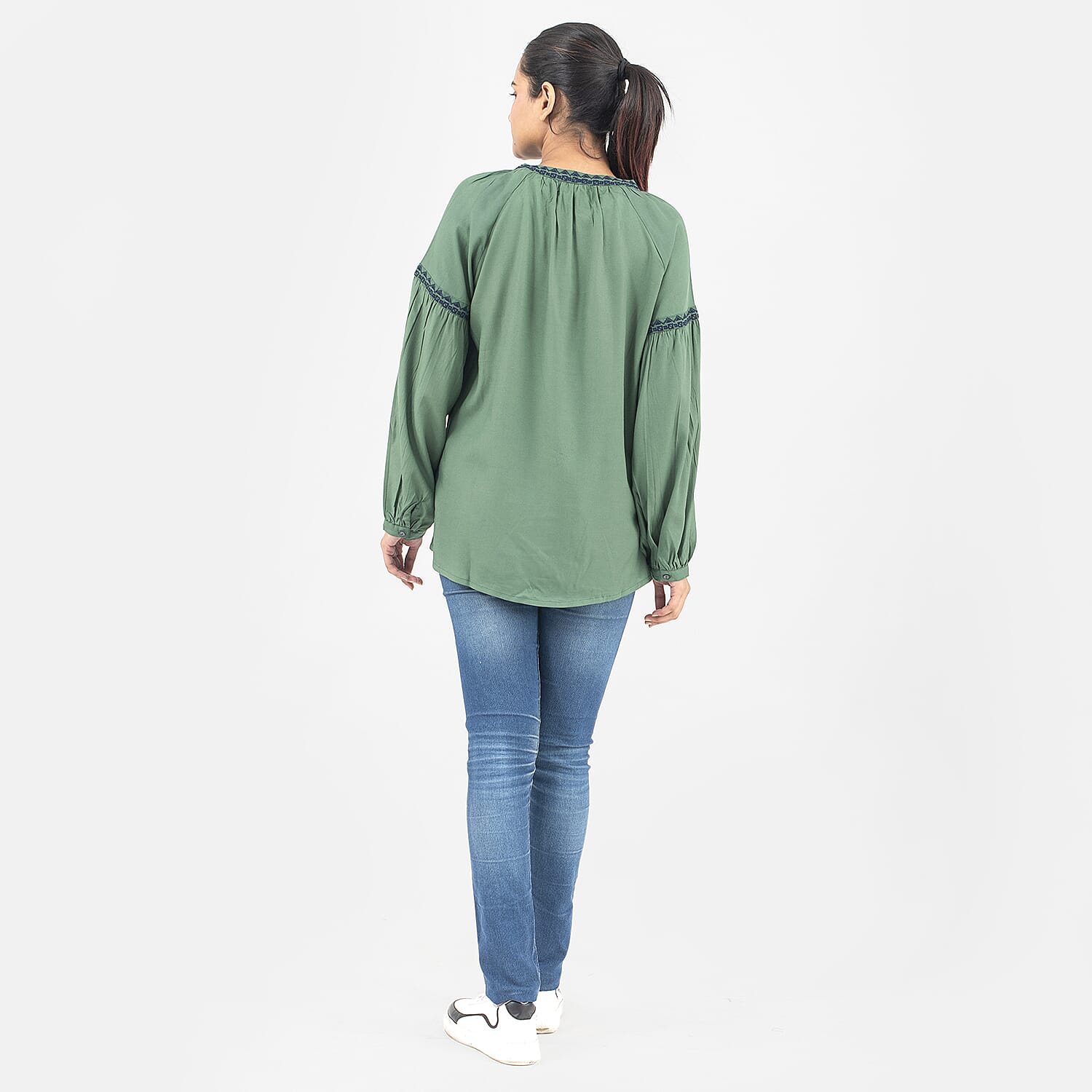 Tamsy 100% Viscose Embroidery Top with Doori Tassel Full Sleeves(Size XXL,24-26) - Green