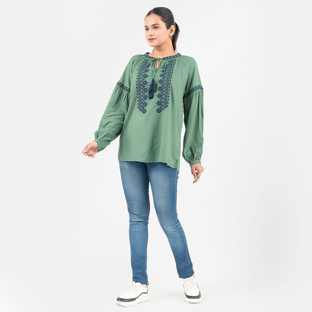 Tamsy 100% Viscose Embroidery Top with Doori Tassel Full Sleeves(Size XXL,24-26) - Green