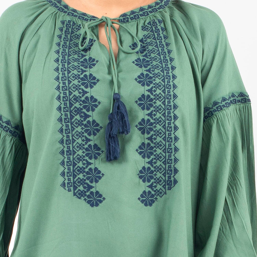 Tamsy 100% Viscose Embroidery Top with Doori Tassel Full Sleeves(Size XXL,24-26) - Green