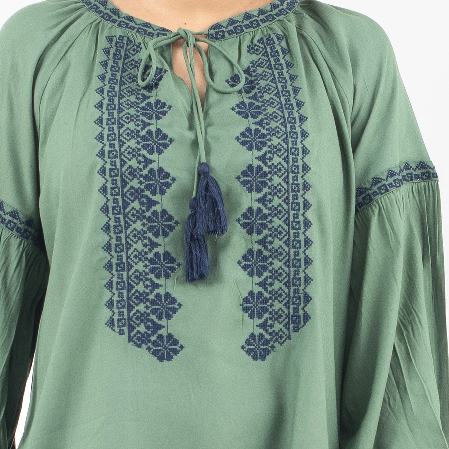 Tamsy 100% Viscose Embroidery Top with Doori Tassel Full Sleeves(Size XXL,24-26) - Green