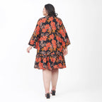 Tamsy 100% Viscose Floral Pattern Dress (One Size) - Black and Orange