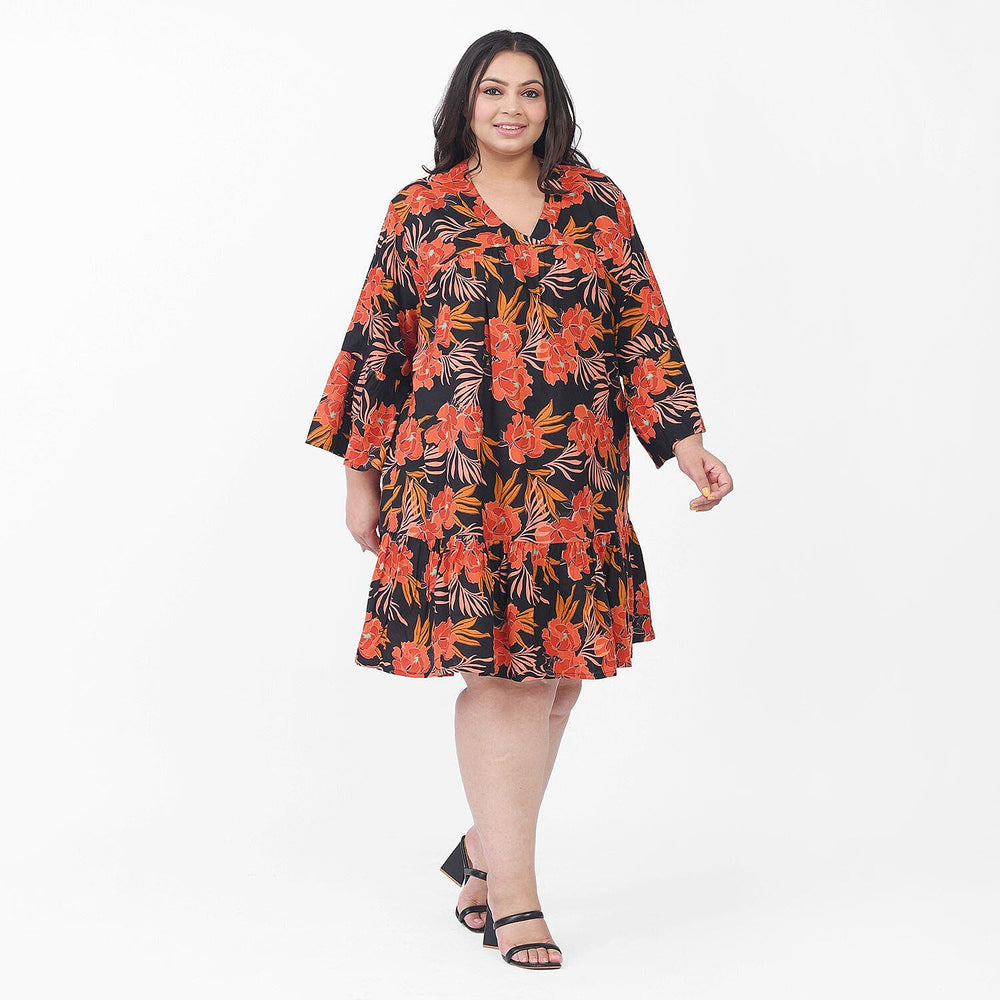 Tamsy 100% Viscose Floral Pattern Dress (One Size) - Black and Orange