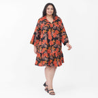 Tamsy 100% Viscose Floral Pattern Dress (One Size) - Black and Orange