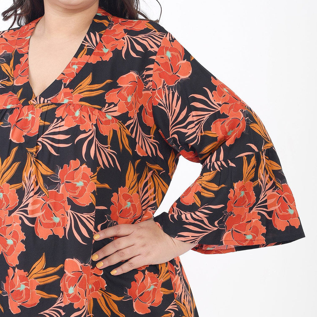 Tamsy 100% Viscose Floral Pattern Dress (One Size) - Black and Orange