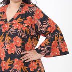 Tamsy 100% Viscose Floral Pattern Dress (One Size) - Black and Orange