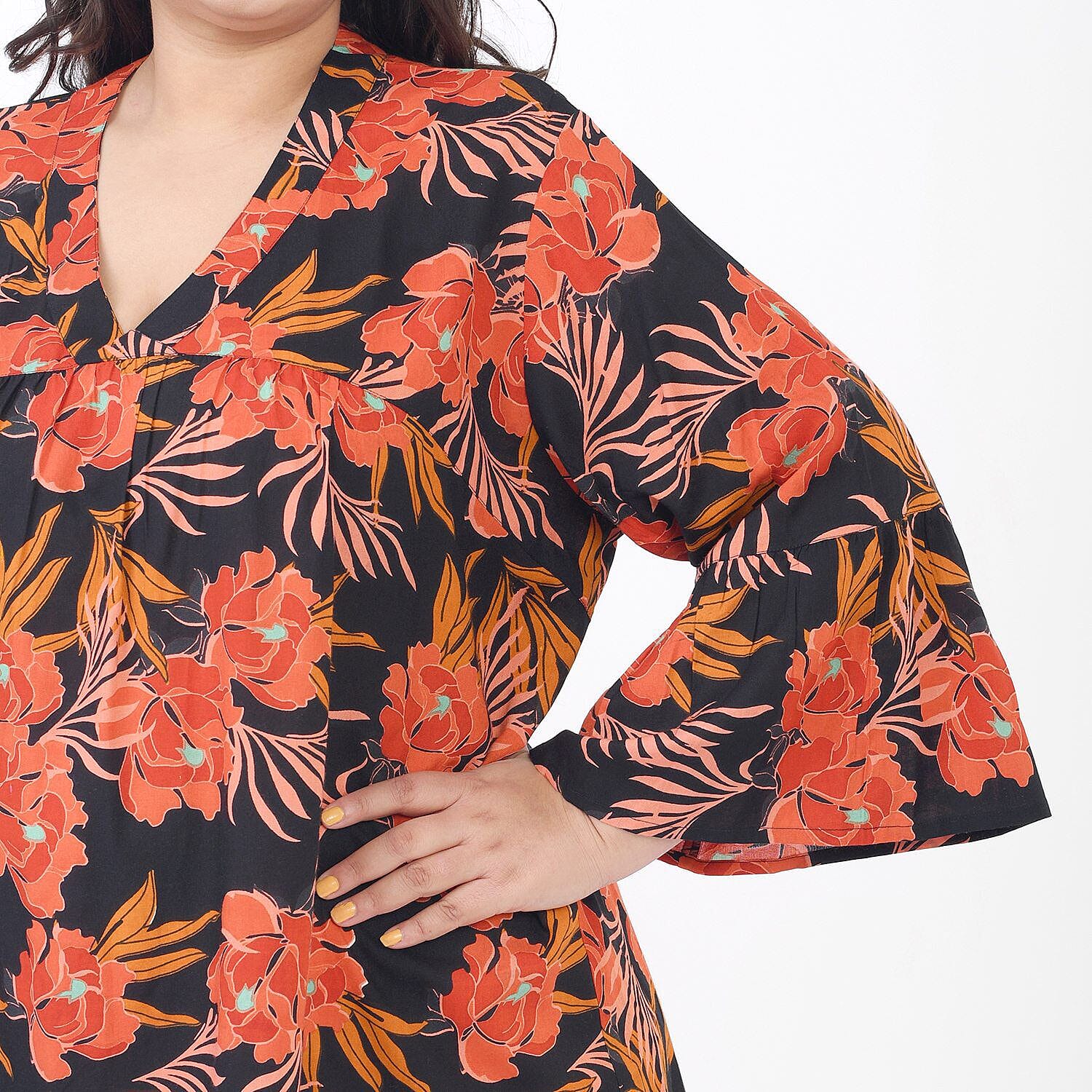 Tamsy 100% Viscose Floral Pattern Dress (One Size) - Black and Orange