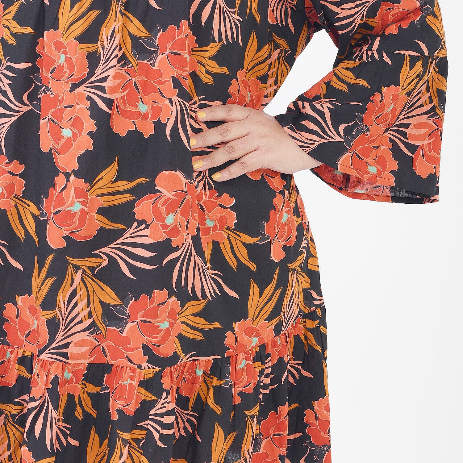 Tamsy 100% Viscose Floral Pattern Dress (One Size) - Black and Orange