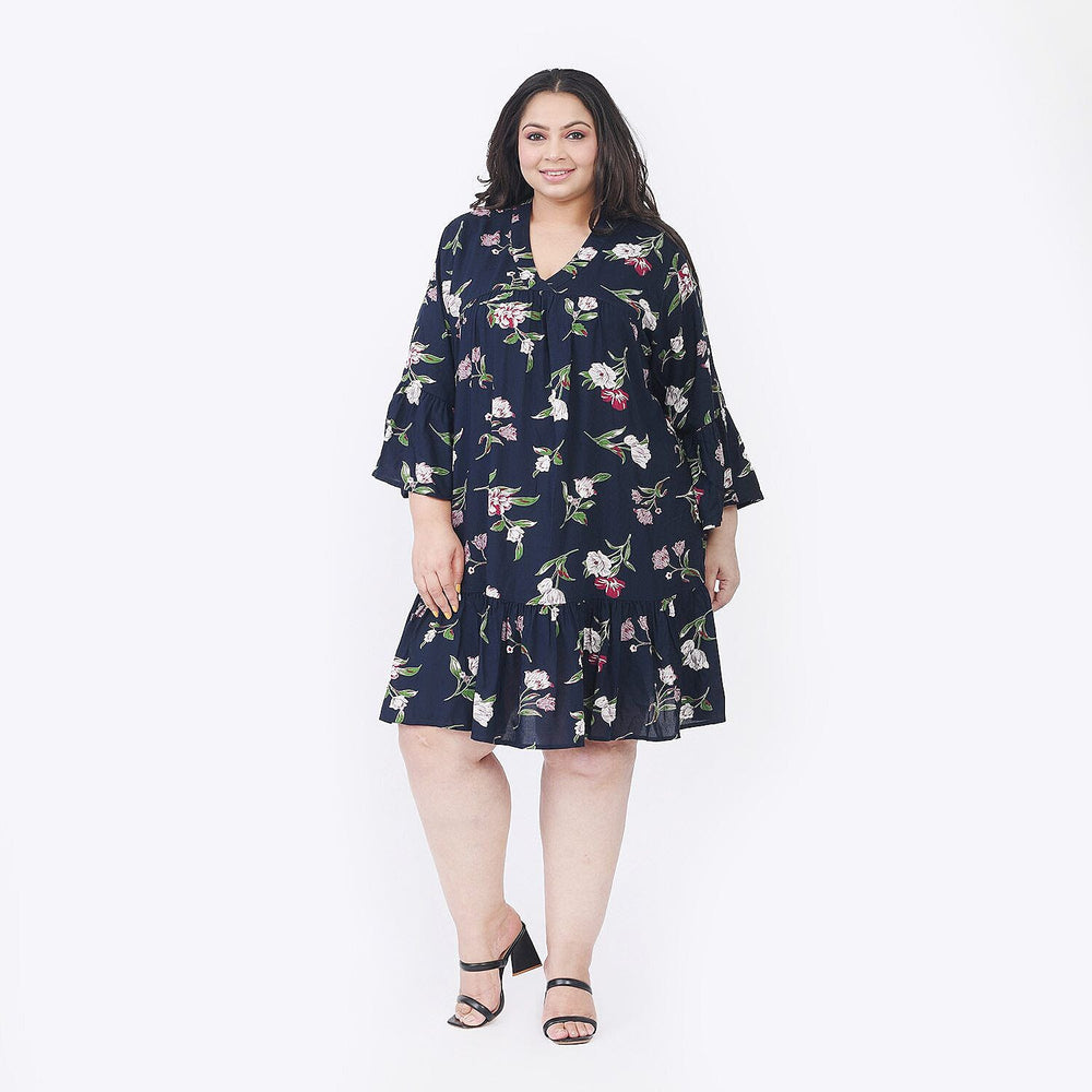 Tamsy 100% Viscose Floral Pattern Dress (One Size 8-18) - Navy Blue