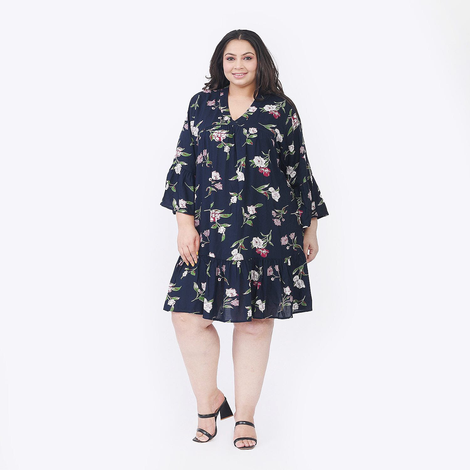 Tamsy 100% Viscose Floral Pattern Dress (One Size 8-18) - Navy Blue