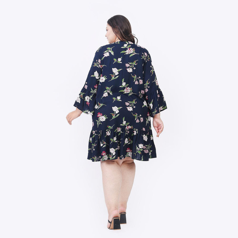Tamsy 100% Viscose Floral Pattern Dress (One Size 8-18) - Navy Blue
