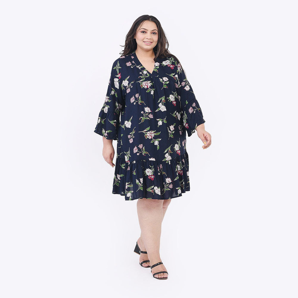 Tamsy 100% Viscose Floral Pattern Dress (One Size 8-18) - Navy Blue