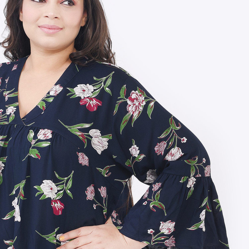 Tamsy 100% Viscose Floral Pattern Dress (One Size 8-18) - Navy Blue