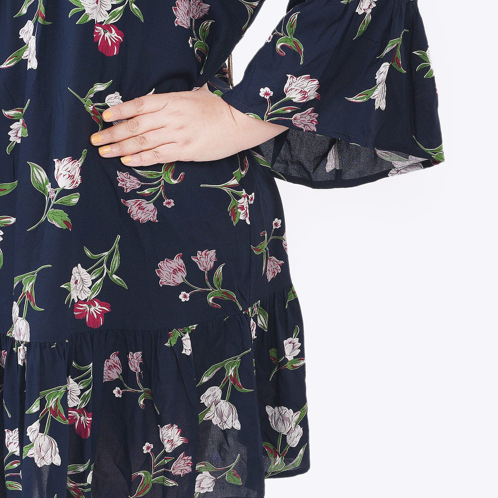 Tamsy 100% Viscose Floral Pattern Dress (One Size 8-18) - Navy Blue