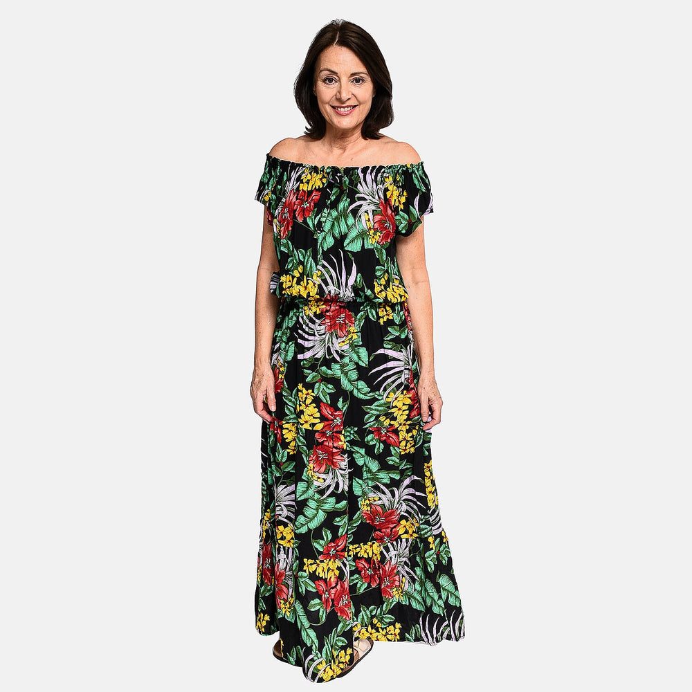 Tamsy 100% Viscose Floral Pattern Maxi Dress (20 - 26) - Black