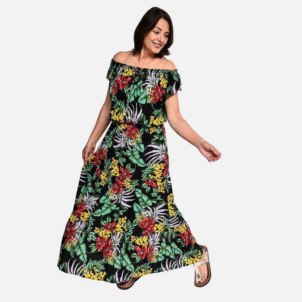 Tamsy 100% Viscose Floral Pattern Maxi Dress (20 - 26) - Black