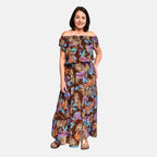 Tamsy 100% Viscose Floral Pattern Off Shoulder Maxi Dress (20 - 26) - Brown