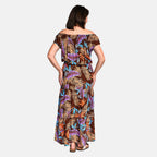 Tamsy 100% Viscose Floral Pattern Off Shoulder Maxi Dress (20 - 26) - Brown