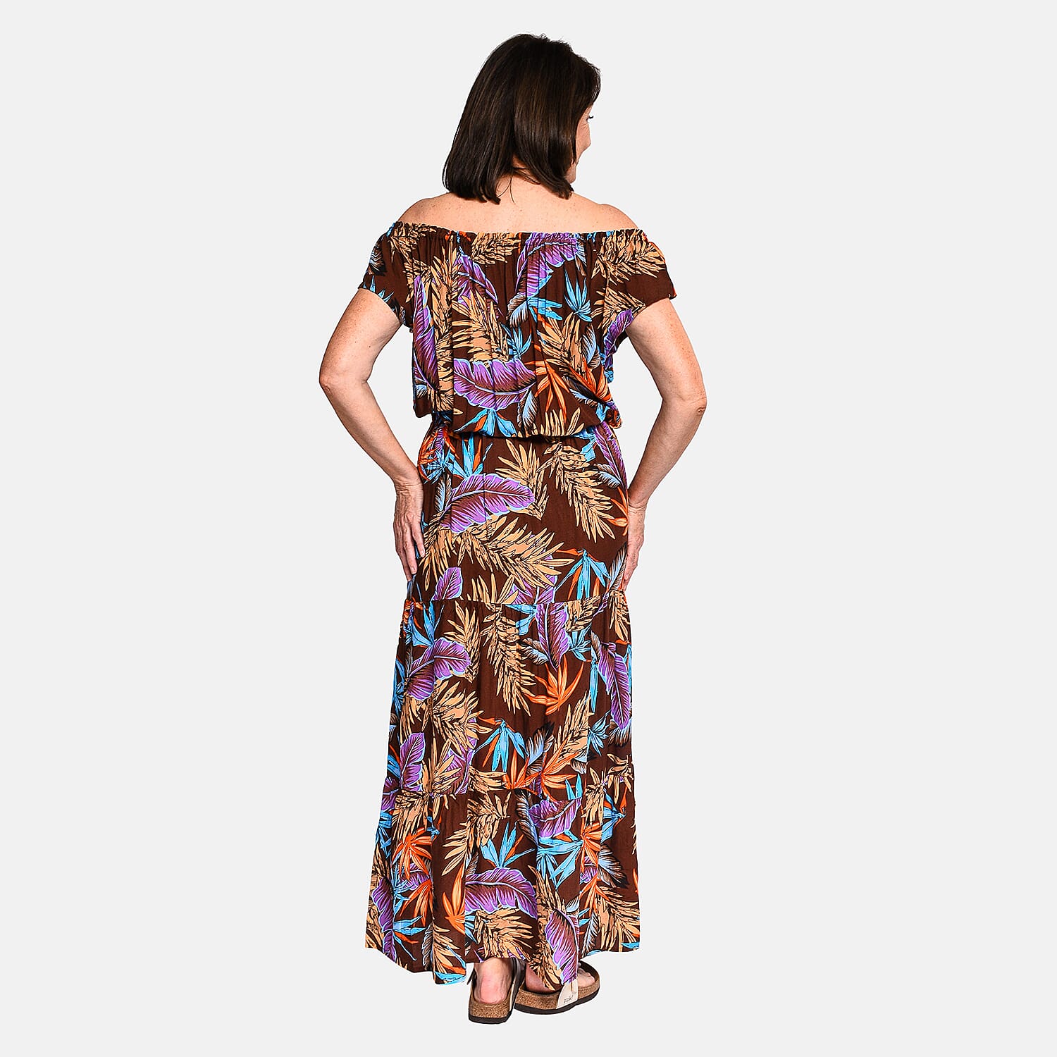Tamsy 100% Viscose Floral Pattern Off Shoulder Maxi Dress (20 - 26) - Brown