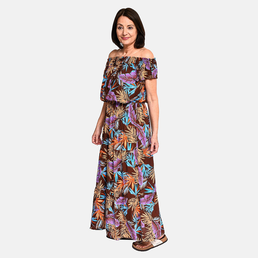 Tamsy 100% Viscose Floral Pattern Off Shoulder Maxi Dress (20 - 26) - Brown