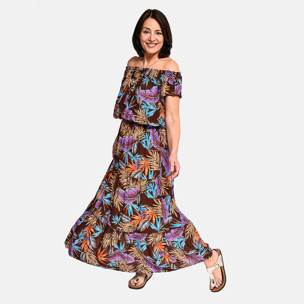 Tamsy 100% Viscose Floral Pattern Off Shoulder Maxi Dress (20 - 26) - Brown