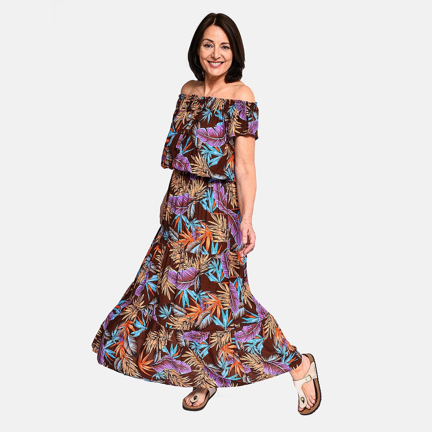 Tamsy 100% Viscose Floral Pattern Off Shoulder Maxi Dress (20 - 26) - Brown
