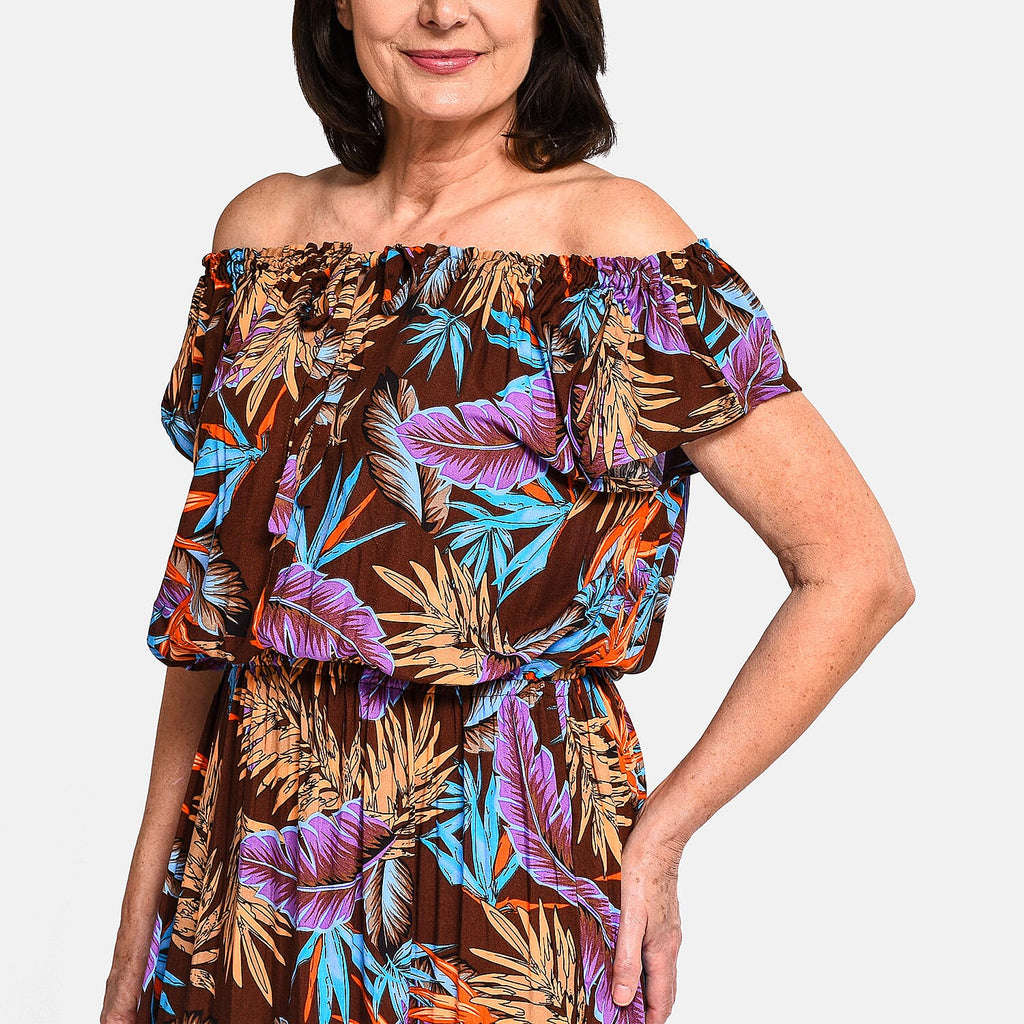 Tamsy 100% Viscose Floral Pattern Off Shoulder Maxi Dress (20 - 26) - Brown