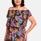 Tamsy 100% Viscose Floral Pattern Off Shoulder Maxi Dress (20 - 26) - Brown