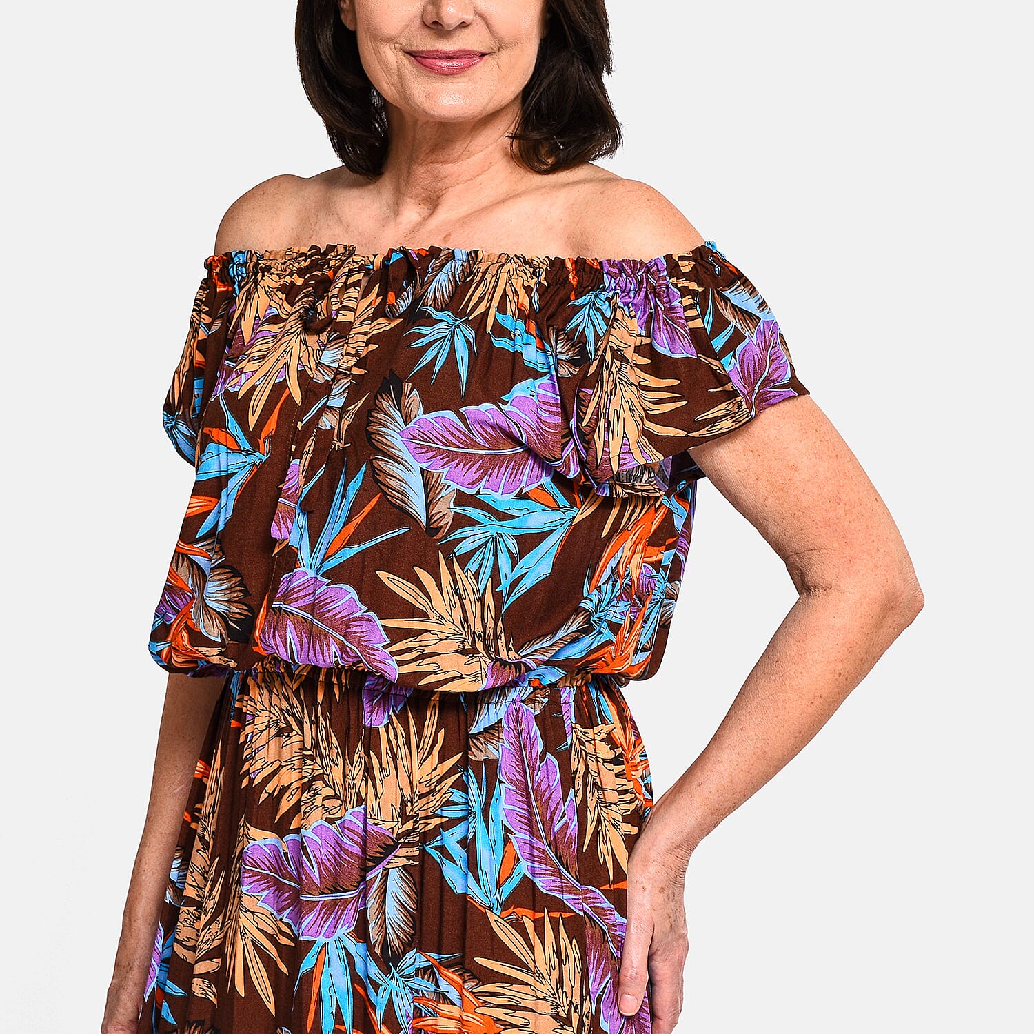 Tamsy 100% Viscose Floral Pattern Off Shoulder Maxi Dress (20 - 26) - Brown