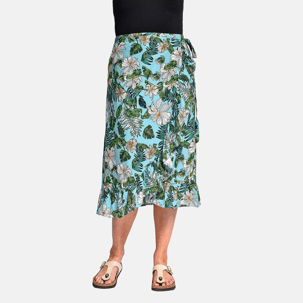 Tamsy 100% Viscose Floral Pattern Wrap Skirt (One Size) - Turquoise & Green