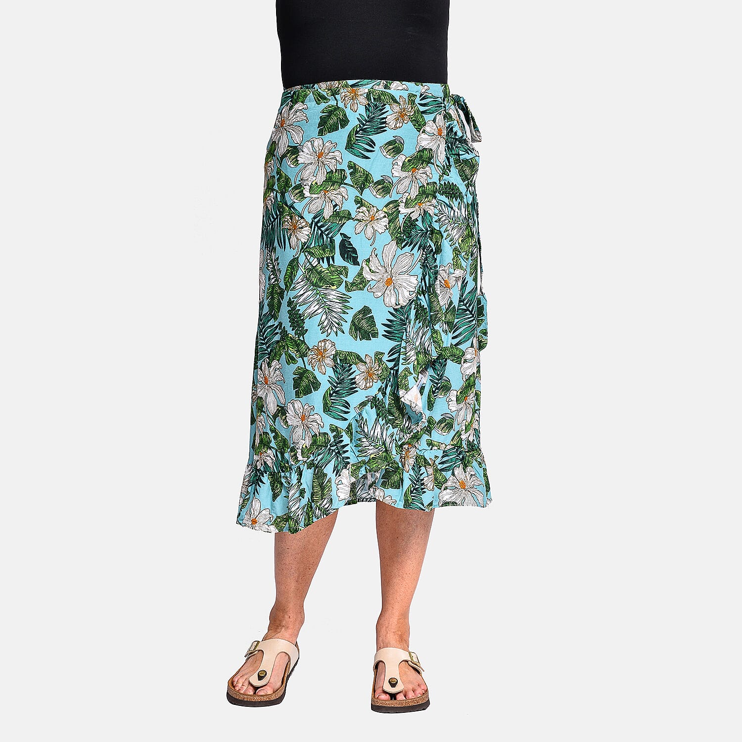 Tamsy 100% Viscose Floral Pattern Wrap Skirt (One Size) - Turquoise & Green