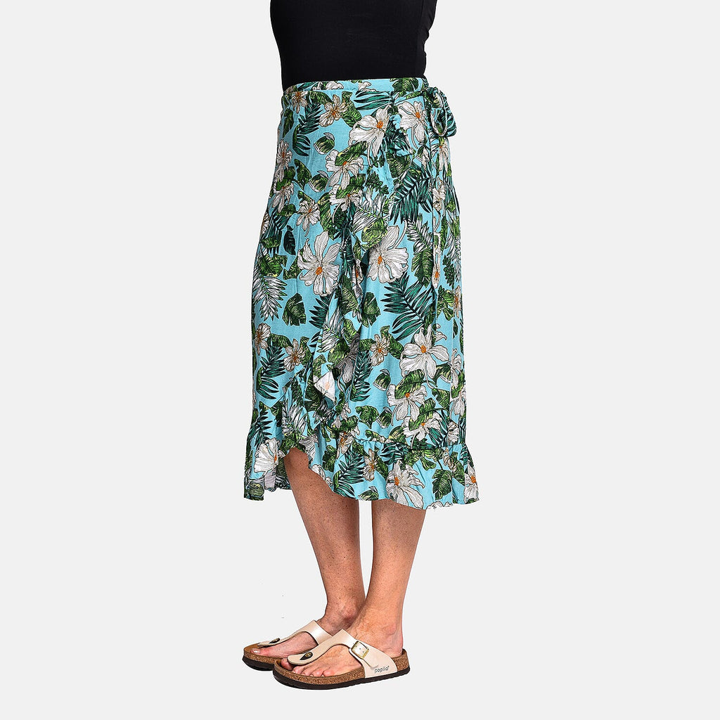 Tamsy 100% Viscose Floral Pattern Wrap Skirt (One Size) - Turquoise & Green
