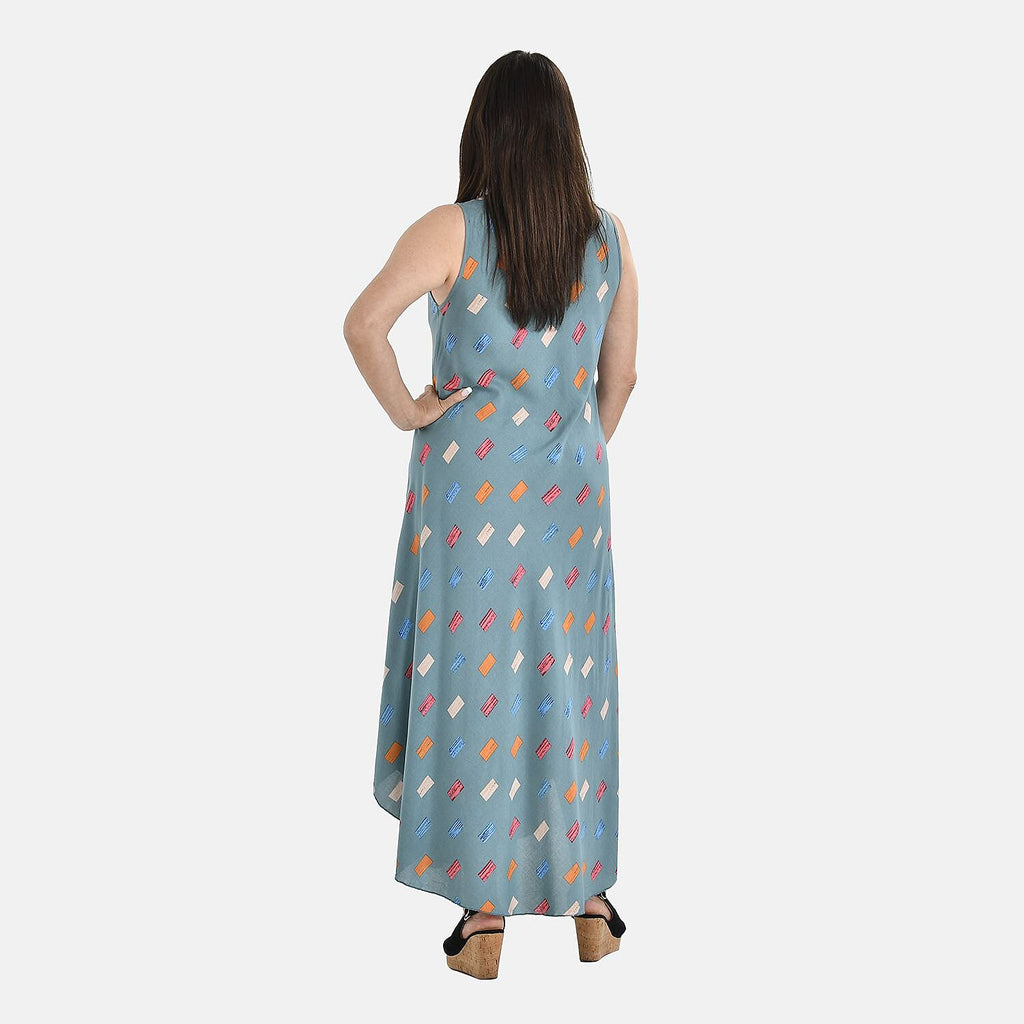 TAMSY 100% Viscose Geo Print Umbrella Dress (One Size 8-18) - Turquoise