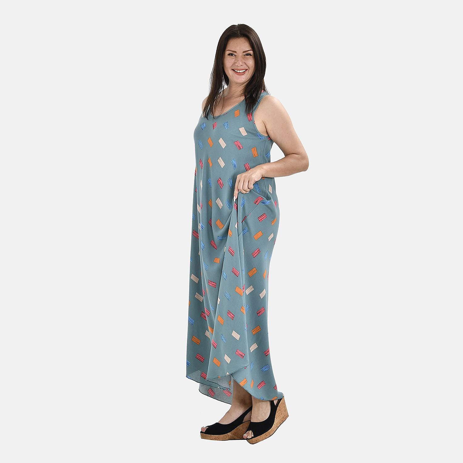 TAMSY 100% Viscose Geo Print Umbrella Dress (One Size 8-18) - Turquoise