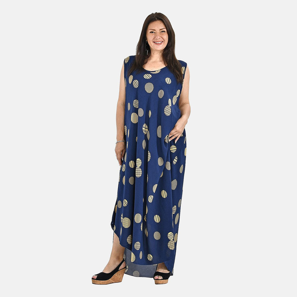 Tamsy 100% Viscose Wave Point Print Umbrella Dress (Curve Size 20-26) - Navy