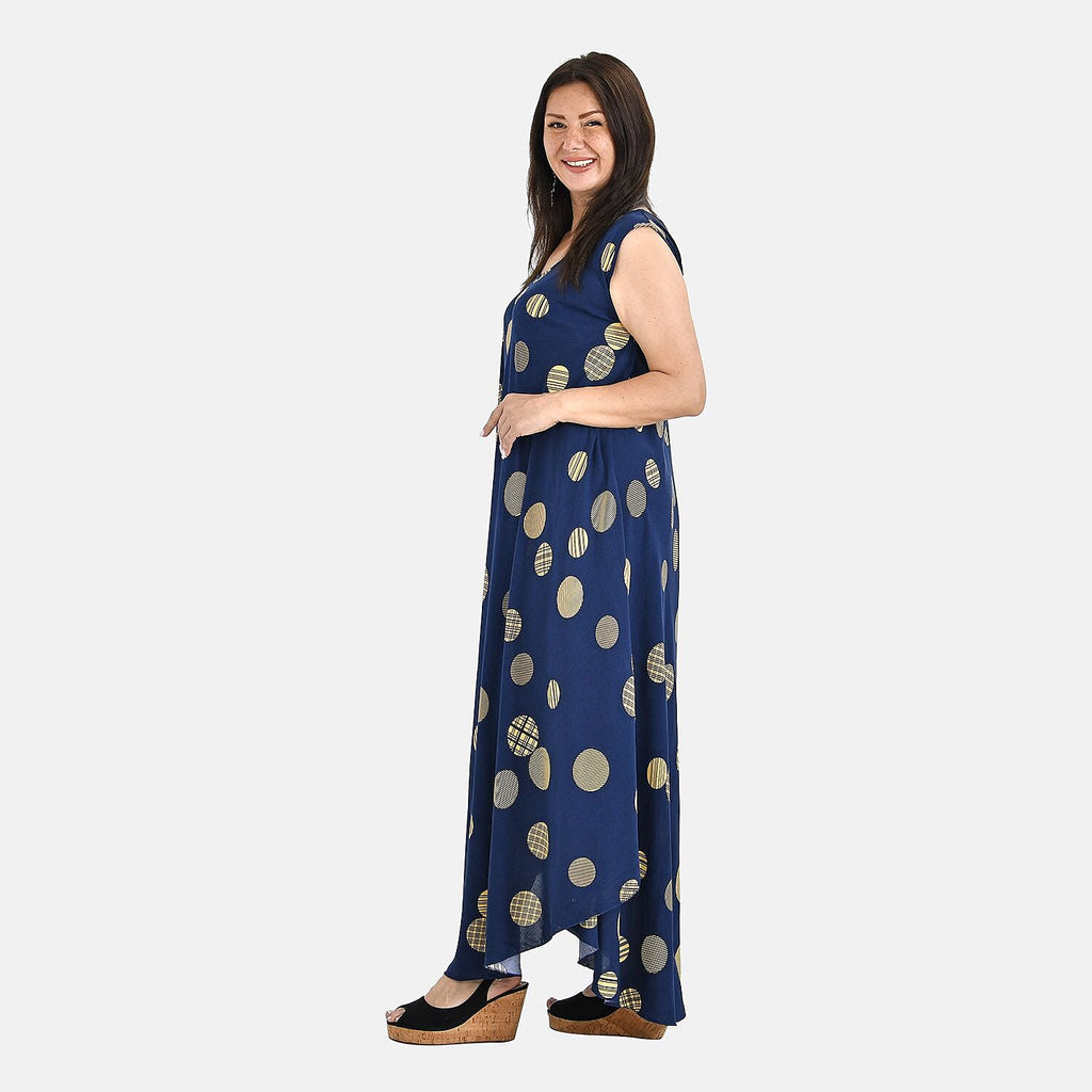 Tamsy 100% Viscose Wave Point Print Umbrella Dress (Curve Size 20-26) - Navy