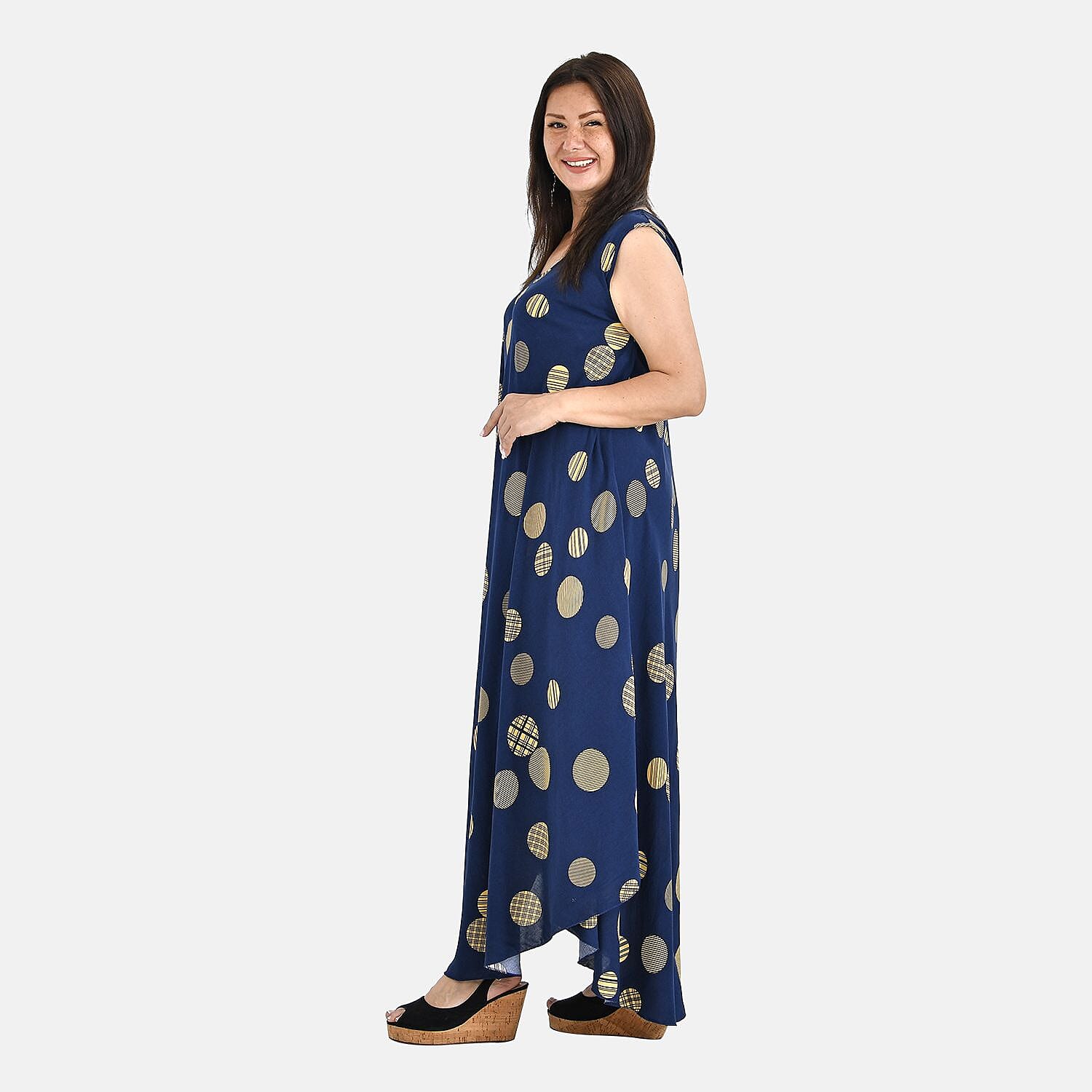 Tamsy 100% Viscose Wave Point Print Umbrella Dress (Curve Size 20-26) - Navy
