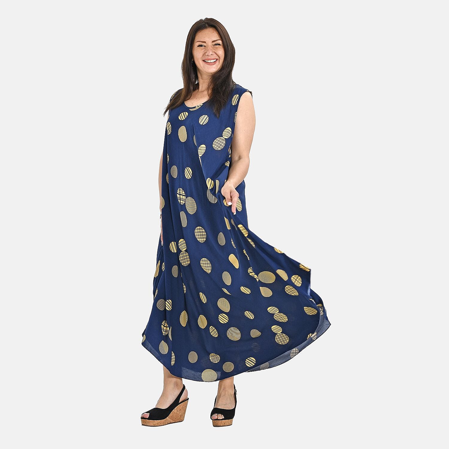 Tamsy 100% Viscose Wave Point Print Umbrella Dress (Curve Size 20-26) - Navy